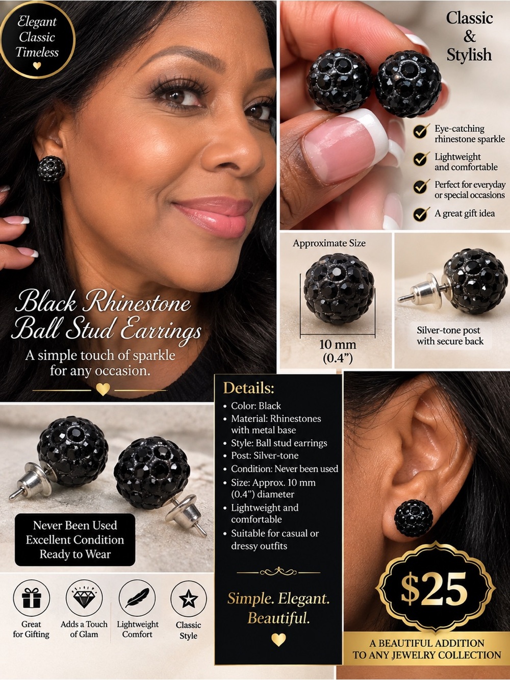 Black Rhinestone Ball Stud Earrings – Elegant Classic Sparkle